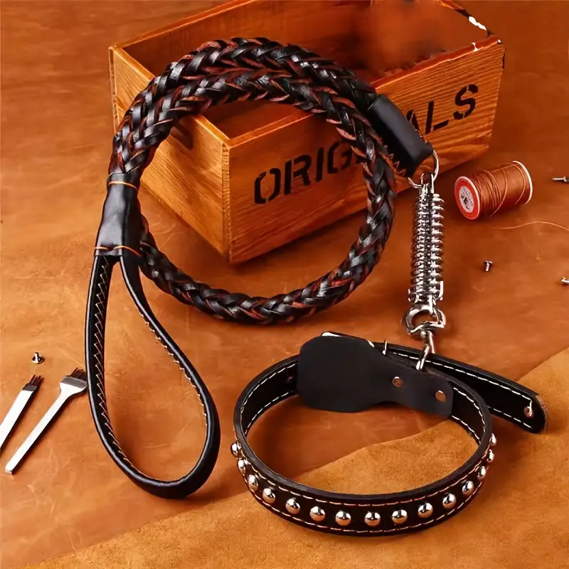 WASABIS Genuine Leather Rope Leash and Cowhide Dog Collar